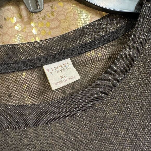 Tinsel Town Black Iridescent Shimmer Mock Neck Metallic Sheer Long Sleeve Top XL - Picture 4 of 6